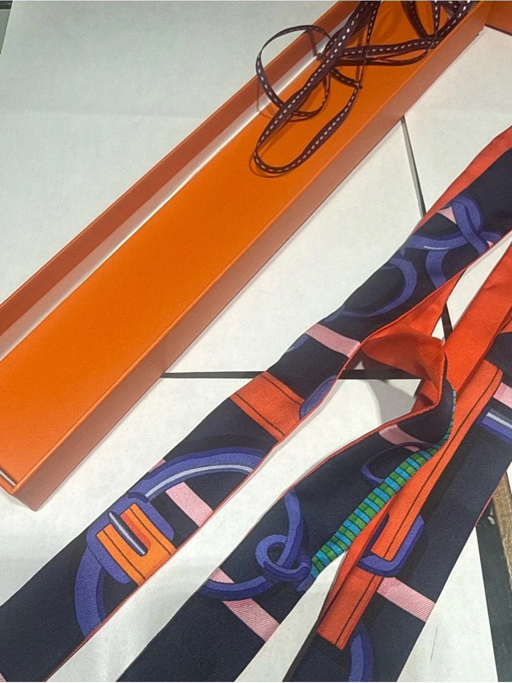 HERMES Twillon Scarf Silk Navy/Orange Original Box Great Gift